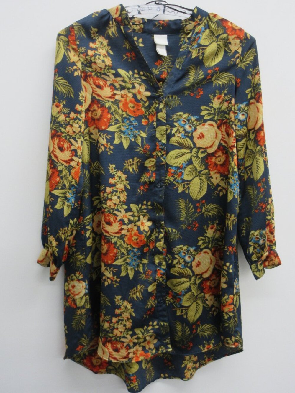 H&M FLORAL BLOUSE SHIRT DRESS SIZE 2 / XS BUTTON FRONT LONG SLEEVE